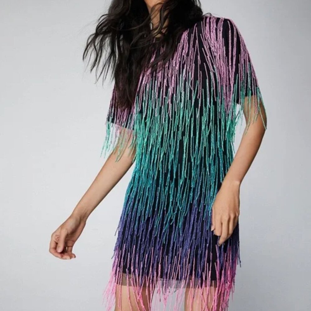 Nasty Gal Rainbow Tassel Beaded Shift Dress